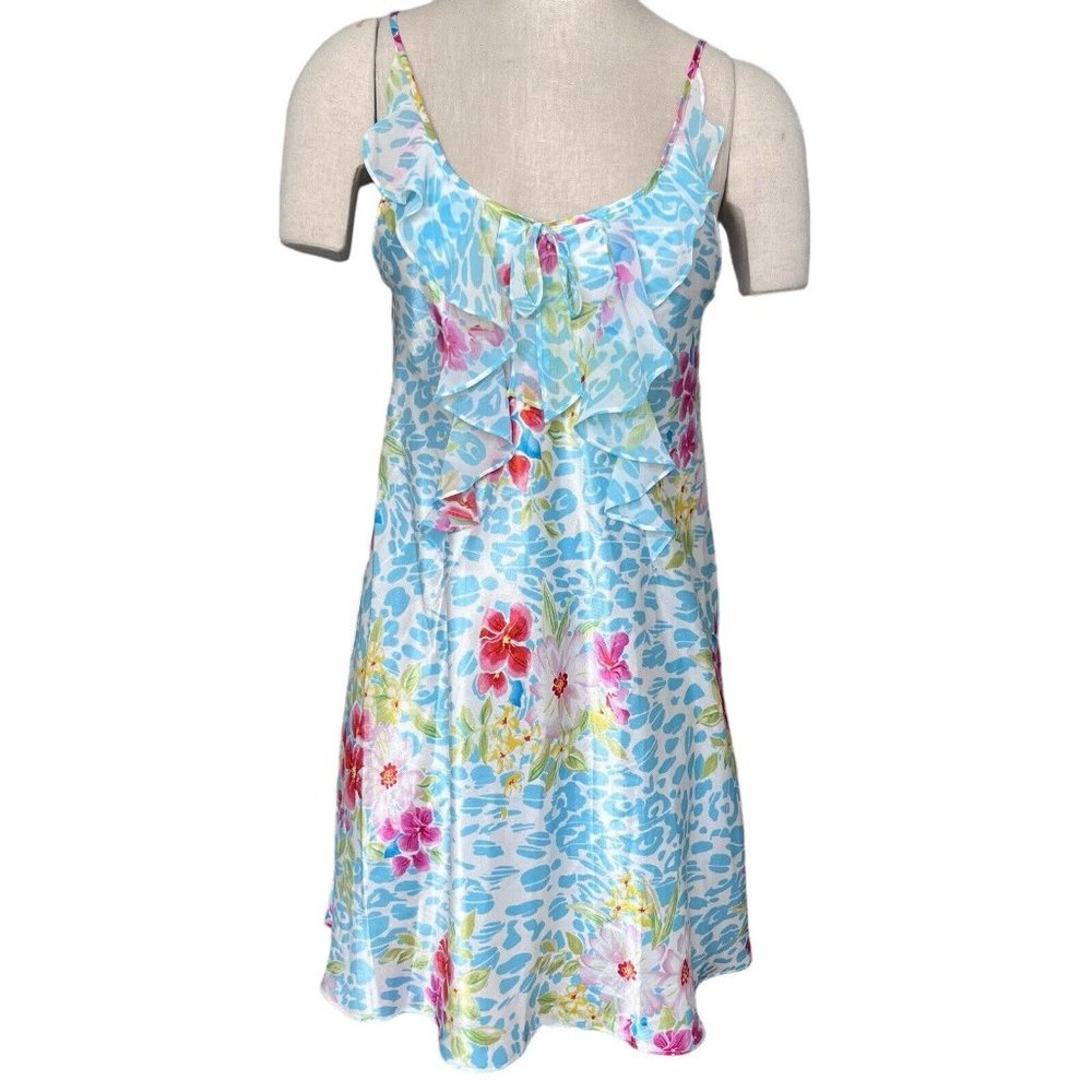 Vintage 90s OSCAR DE LA RENTA‎ Mini Slip Dress Size Medium Ruffle Floral Blue